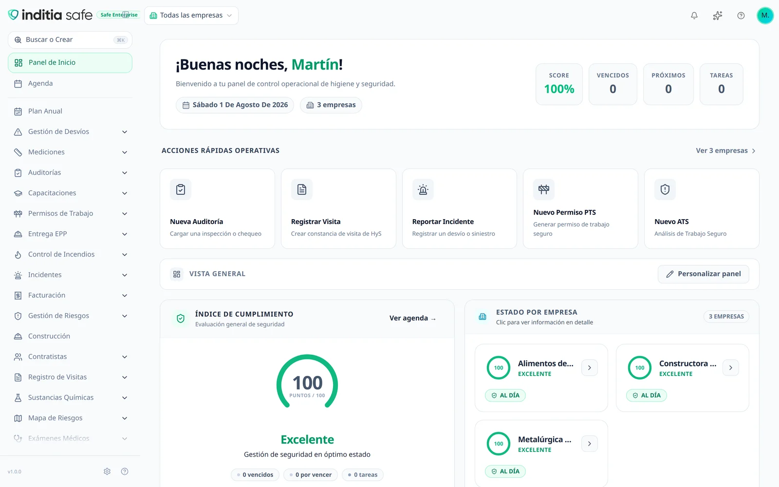 Dashboard real de Inditia Safe con accesos operativos, índice de cumplimiento y estado por empresa